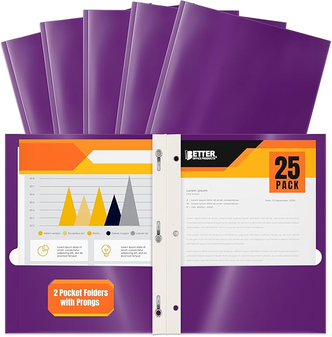 Better Office Products 25-Pack Glossy Purple Paper Folders with Prongs, Letter Size, 8.5 x 11-Inch