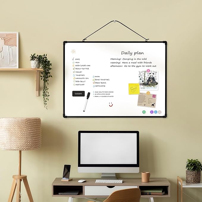 Dry Erase Board for Wall, 24" x 18" Double-Sided Hanging White Board with 6 Markers, 6 Magnets and 3 Mini Sticky Notes, Portable Whiteboard for Home, Office, School, Black Frame