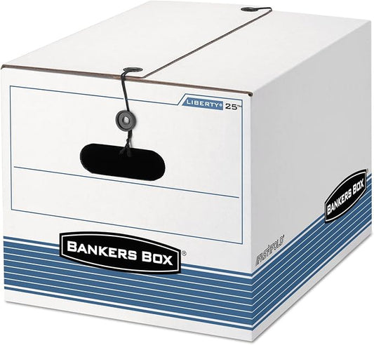 Bankers Box 0002501 STOR/FILE Storage Box, Legal/Letter, Tie Closure, White/Blue, 4/Carton