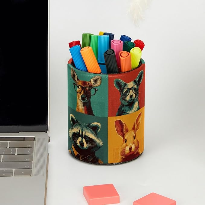 Vintage Animals Pen Holder Pencil Organizer for Desk, 3.1” x 3.1” x 3.9” Pencil Cup Office Supplies, Large Capacity Cute Pen and Makeup Brush Holder for Home, School, Desktop