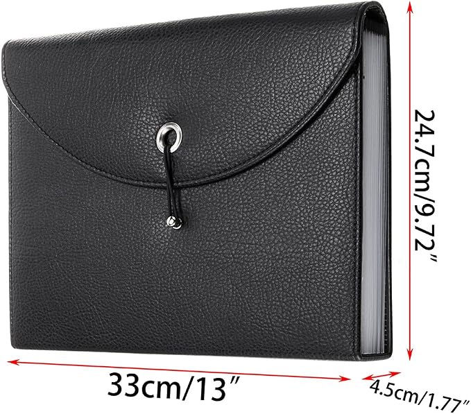 BTSKY PU Leather Expanding File Folders-13 Pockets A4 Letter Size Paper File Folder Accordion Business Document Organizer with Fasteners and Tabs (Black)