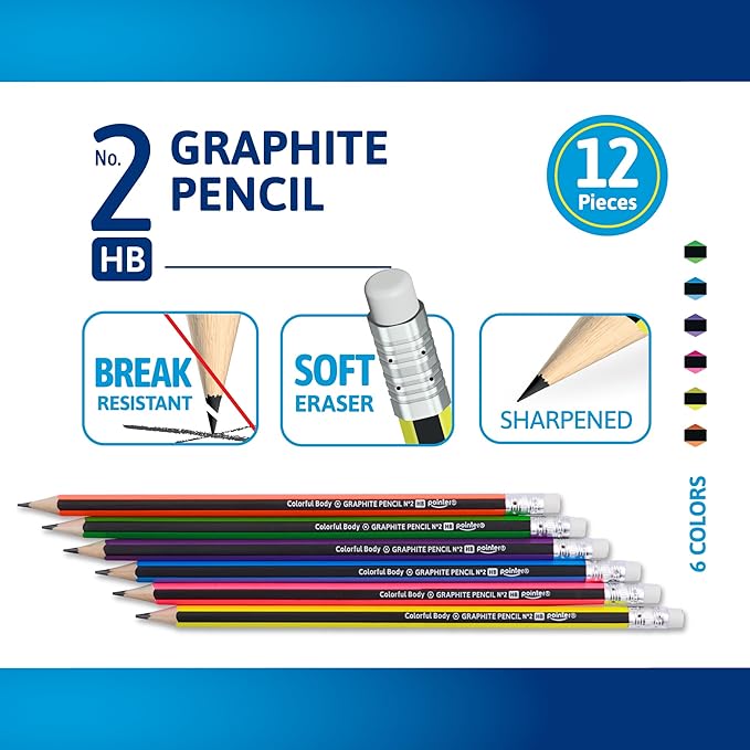 Pointer Wooden Pencils Pre-Sharpened HB Graphite Colorful Assorted Bodies, Hexagonal Grip for Comfortable Use with Soft Erasers Strong Break-Resistant Core Smooth Writing for Classrooms Work - 12Pack