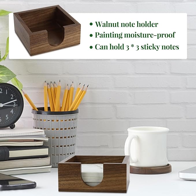 MultiBey 4PCS Walnut Office Supplies Desk Organizers, Wood Sticky Notes Holder Tape Dispenser Cutter Wooden Pencil Holder and Paper Clip Holder for Office Home School