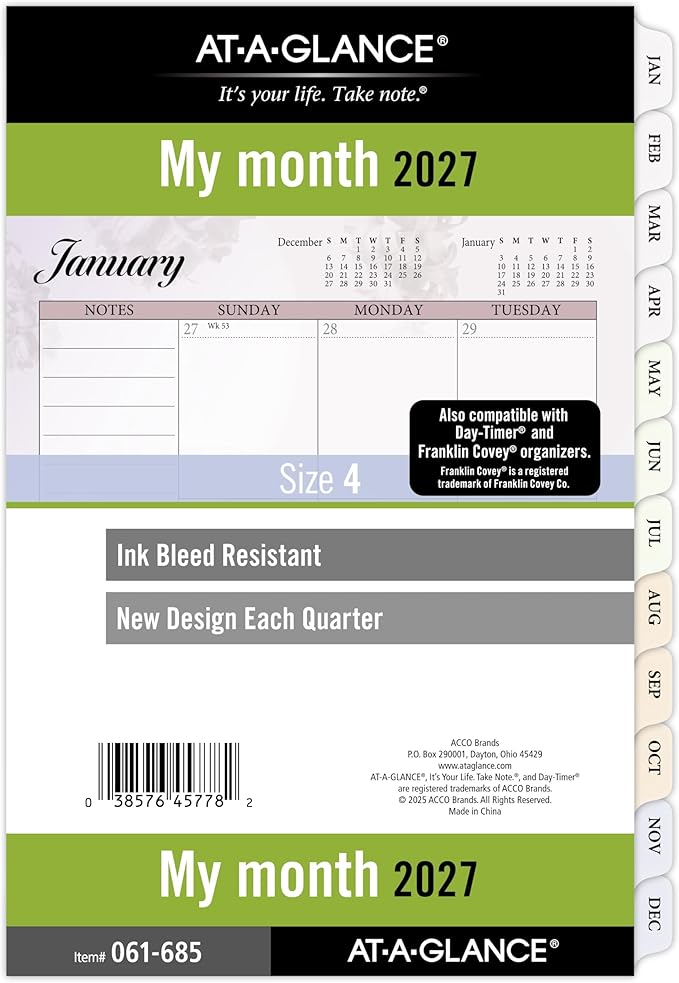 AT-A-GLANCE 2027 Planner Refill, Monthly, 5.5" x 8.5", Desk Size 4, Tabbed, 7-Ring Loose-Leaf, Unruled Blocks, Nature (061-685-27)