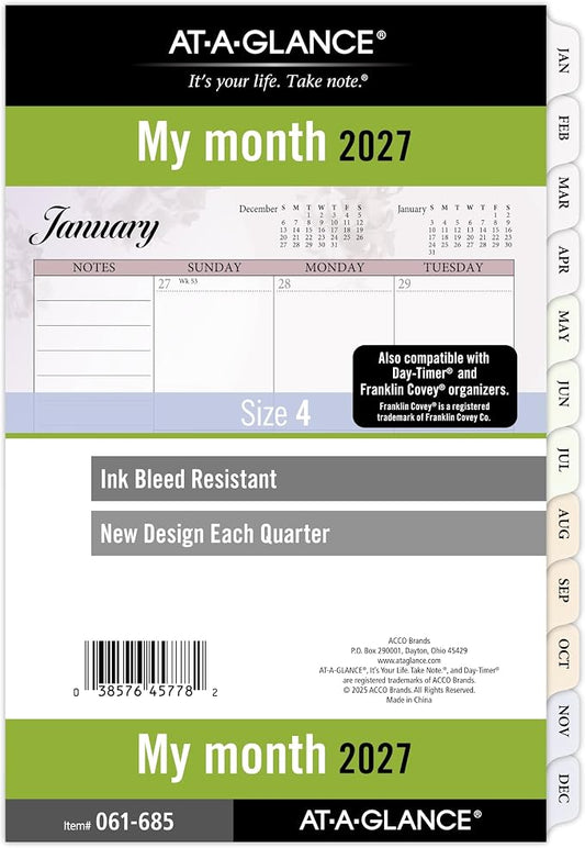 AT-A-GLANCE 2027 Planner Refill, Monthly, 5.5" x 8.5", Desk Size 4, Tabbed, 7-Ring Loose-Leaf, Unruled Blocks, Nature (061-685-27)