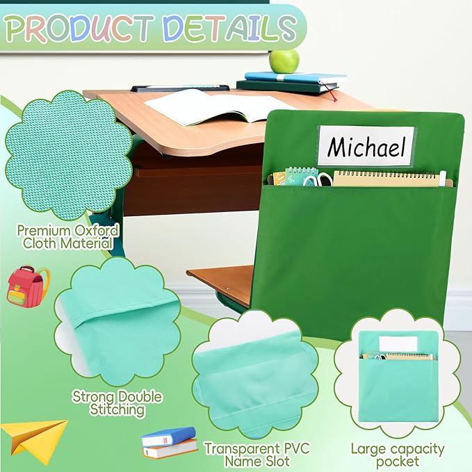 gisgfim 12 Pcs Chair Pockets for Classroom 17 x 20 Inch s with Name Tag for Classroom Chairback Pouch Bag Organizer for Student Elementary School Daycare Supply (Greenery)