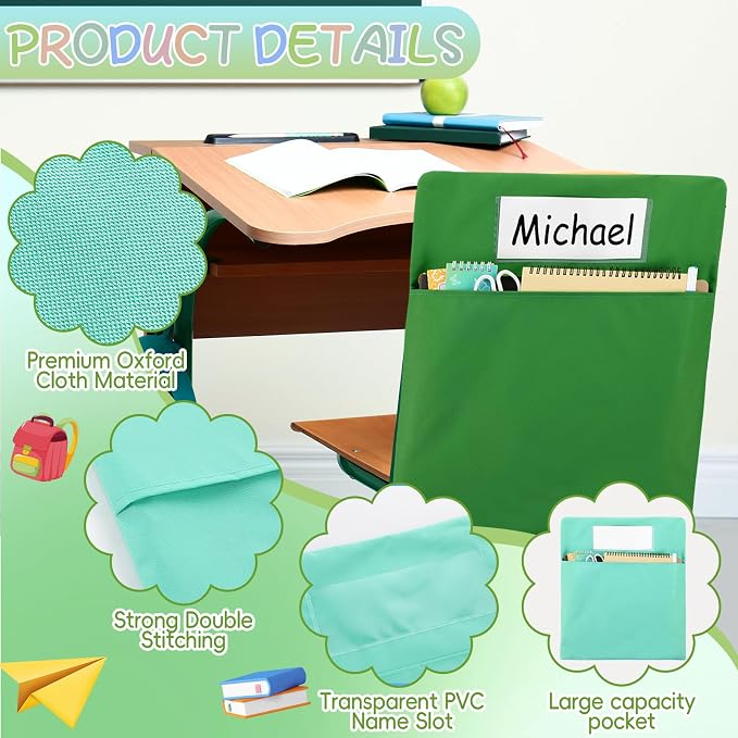 gisgfim 24 Pcs Chair Pockets for Classroom 17 x 20 Inch s with Name Tag for Classroom Chairback Pockets Chairs Seat Back Organizer for Student Elementary School Daycare Home Supply (Greenery)