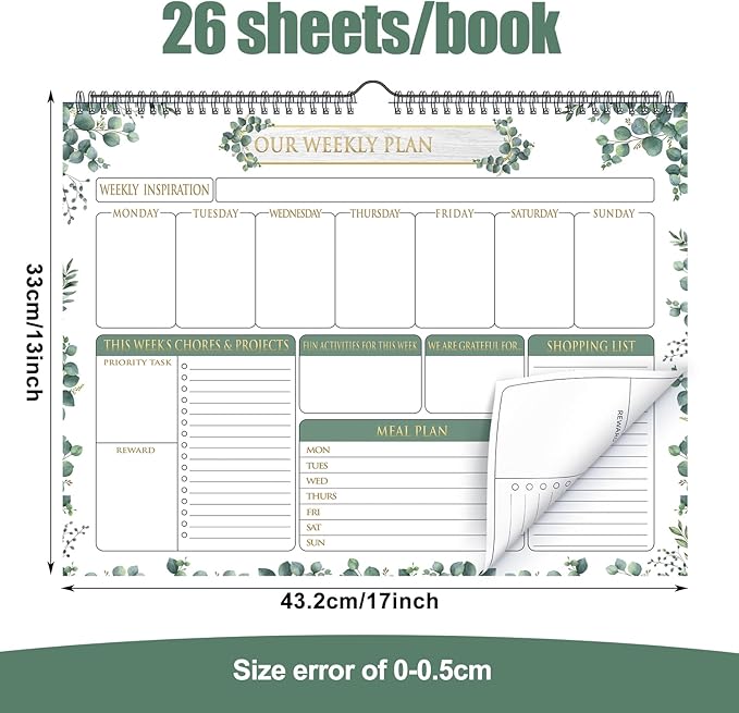 Fulmoon 2 Pcs 52 Sheets Weekly Planner 13 x 17'' Family Planner Spiral Weekly Calendar Habit Tracker Calendar Family Meal for Wall Planning Organizing Goals Tasks Chores(Eucalyptus)