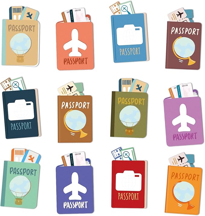 Junkin 60 Pieces Travel the Map Passports Mini Accents Passports Cutouts World Travel Bulletin Board Decorations for School Office Home Nursery Teacher Party Classroom Decor (Passport)