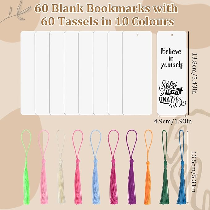 WANDIC 60 Pcs Blank Bookmarks, White Bookmarks with 60 Pcs Colorful Tassels Thick Cardstock Paper Bookmark with Hole for DIY Craft Supplies Gift Tags Book Decor