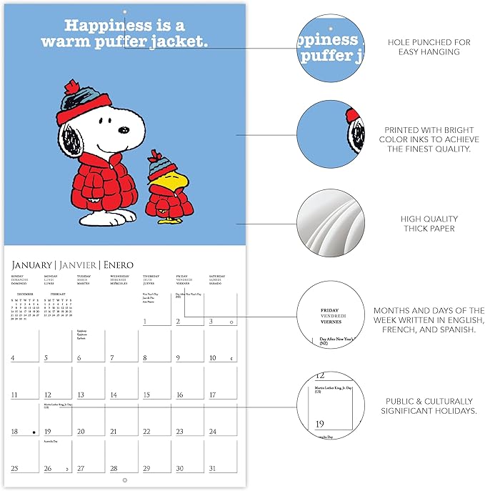 Graphique 2026 Peanuts Wall Calendar | 12” x 12” | Thick Paper | Home & Office Organizer | Large Monthly Grid | 3 Languages & Marked Holidays | 4 Month Preview Page for 2027