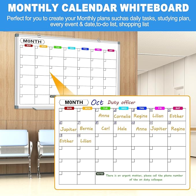 Magnetic White Board Calendar Dry Erase for Wall 48" x 36", Monthly Calendar Whiteboard Dry Erase Board Wall Mounted Board, Colorful Calendar Board for Office, School, Home, Kitchen,Store