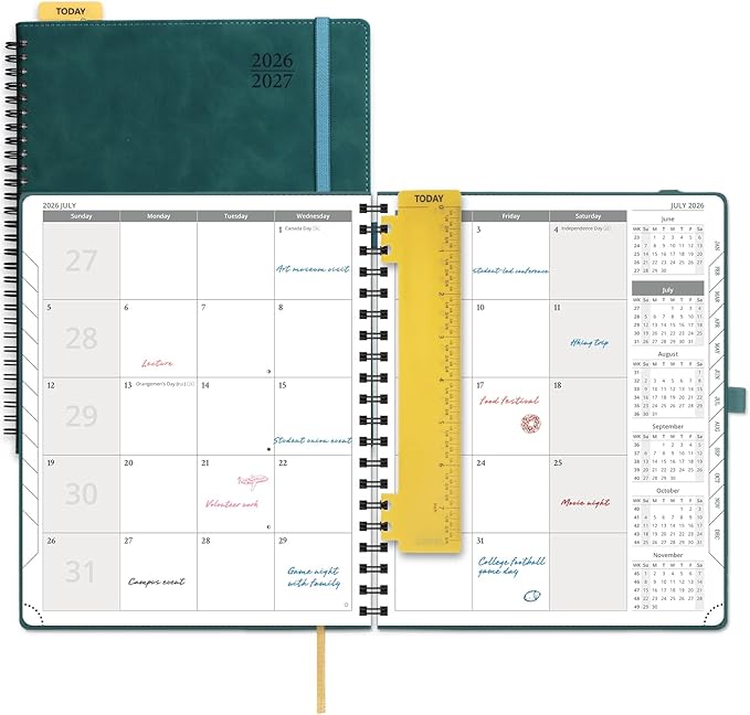 POPRUN 2026-2027 Monthly Planner, Large 8.5" x 10.5", 18 Month Calendar (July 2026 to December 2027) with Expense Tracker, Notes Pages, Sprial Bound, Leather Softcover - Petrol Green