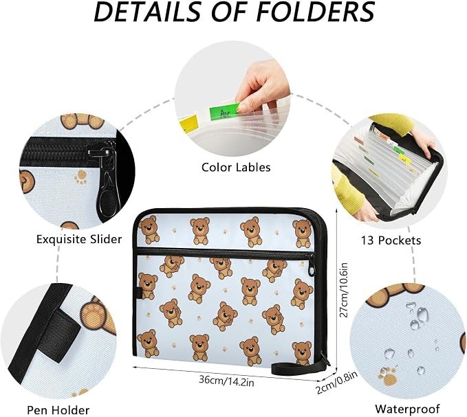 Cute Brown Bear Cartoon File Folders,Plastic Folders with 13 Pockets,Expandable File Folder for Documents School Students Office,Aesthetic Folder with Labels A4 Letter Size