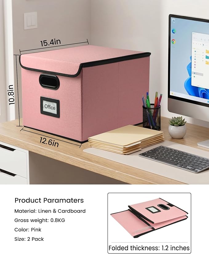 Qerlei File Organizer Boxes with Lids,Collapsible File Folder Organizer with Plastic Slide,Collapsible Filing & Storage Boxes for Office/Decor/Home (Pink, 2 Pack)