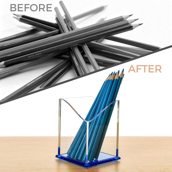 Blue Acrylic Pencil Pen Holder Cup, Desk Accessories Holder,Makeup Brush Storage Organizer, Modern Design Desktop Stationery Organizer for Office School Home Supplies, 3.1x 3.1x 4.3 inch