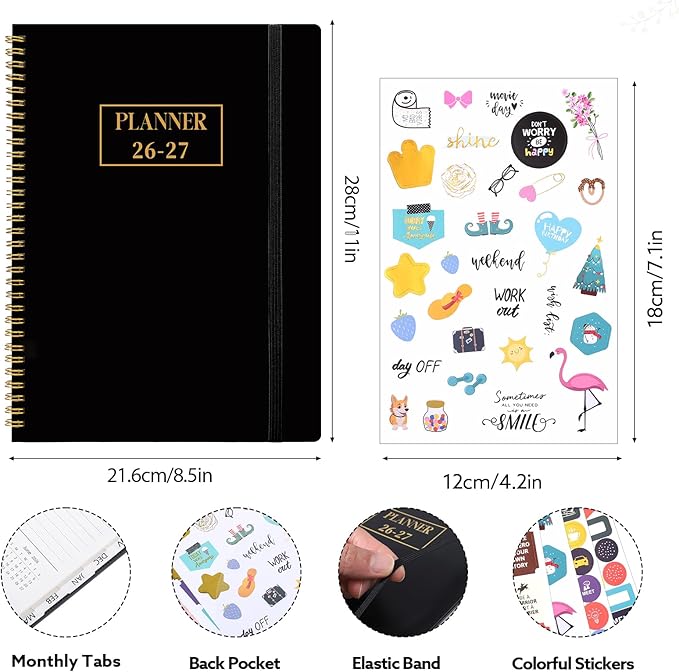2026-2027 Planner, Weekly and Monthly Planner, July 2026-June 2027, Calendar Planner A4 (8.5" x 11") with Tabs, Inner Pocket for Home School Office Supplies, Black