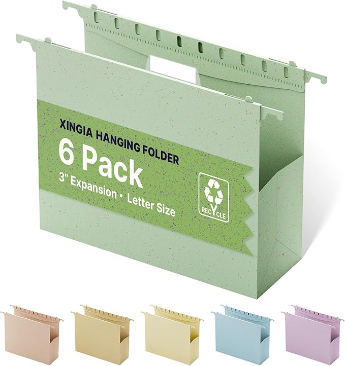 XINGIA Extra Capacity Hanging File Folders Letter Size,3 Inch Expandable Filing Cabinet Folders,6 Pack Wheat Straw File Folders Hanging with Tabs,Plastic File Folder Organizer for School Office