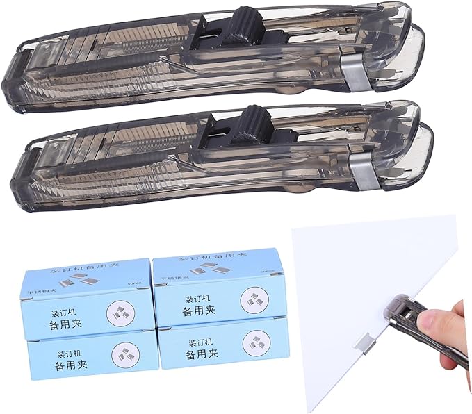 HEMOTON Multi-Function Manual Stapler with Fastener Clip Dispenser and Reusable Paper Clamp, 2pcs Desktop Office Staplers with 200pcs Binding Clips for Document Organization and File