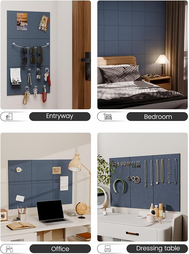 Fluxynara Felt Bulletin Board Tiles -28"x18" Cork Board Alternative for Office Decor, Push Pin Board Wall Organizer 6-Pack - Deep Charcoal Blue