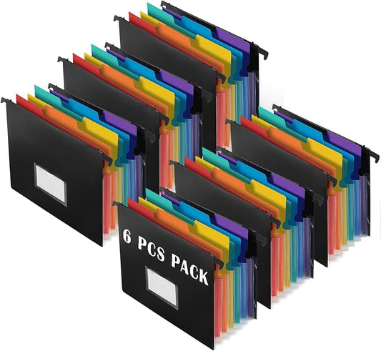 7-Pockets Hanging File Folder with Retractable Hooks for Filing Cabinet, Letter Size Expandable Accordion File Organizer with Elastic Band for File Frame or On-The-Go Use (6 Pack)