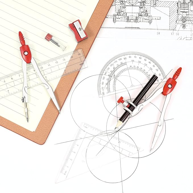 Vobou Math Geometry Kit Sets 10 Piece Student Supplies with Shatterproof Storage Box,Includes Rulers,Protractor,Compass,Eraser,Pencil Sharpener,Lead Refills,Pencil,for Drafting and Drawings（Red）