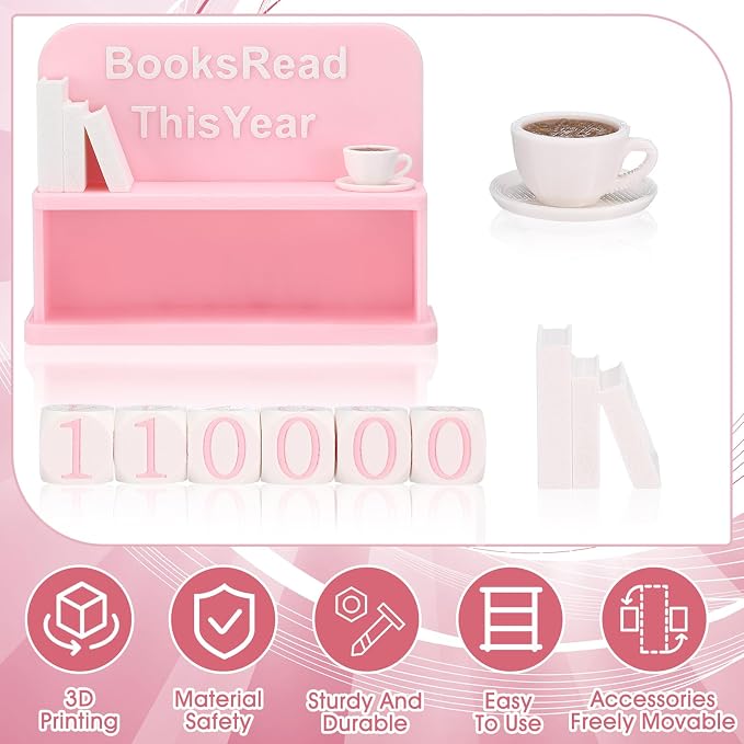 BreezeHug Pink and White Books Read This Year Counter Manual Flip Book Number Tracker with Decorative Fake Book & Dice for Reading Goal, Library Decor Gift for Readers Teacher Writers Lover (Style C)