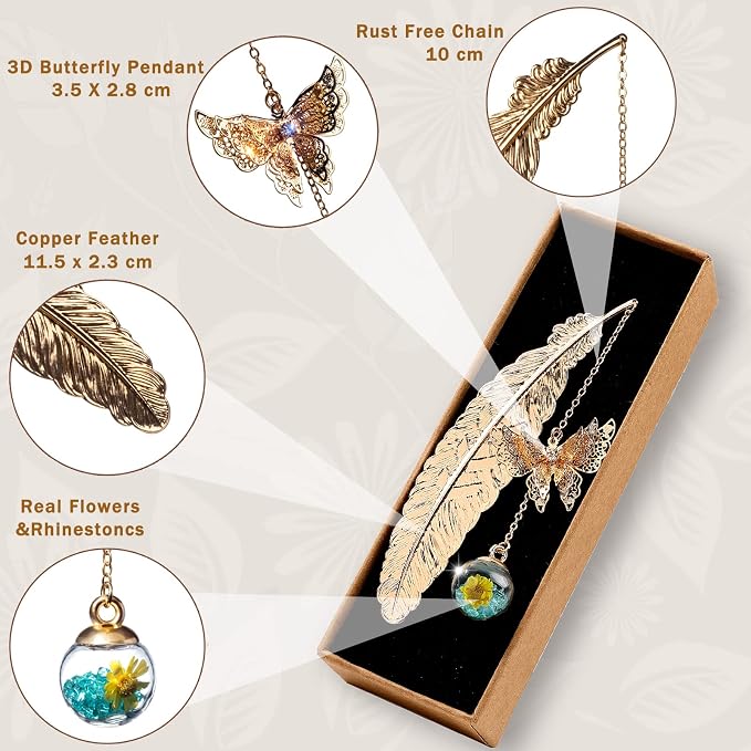 Teacher Appreciation Gifts for Women - Metal Feather Bookmark with 3D Butterfly Charm – Mother’s Day Gifts for Mom, Thank You Gifts, Book Lover Gift Under 10 Dollars, Gift Box Included