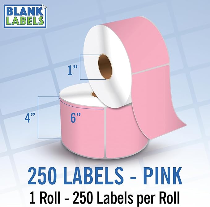 4" X 6" Direct Thermal Shipping Labels | Pink | 1" Cores w/Perfs Easy Tear | Made in USA | Printing Label | 250 Labels | 250 Labels per Roll | 1 Rolls | Blank Labels
