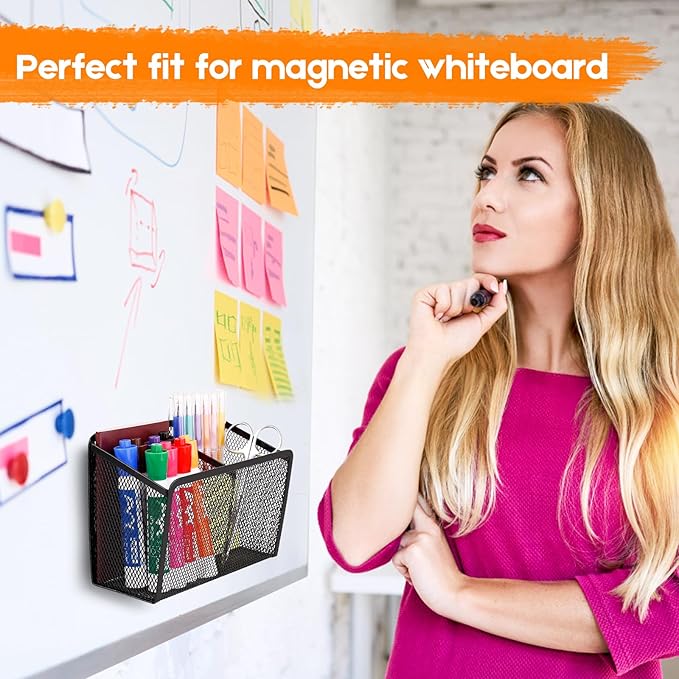 Ameceres Magnetic Pencil Holder - Extra Strong Magnets Mesh Marker Holder Perfect for Whiteboard, Refrigerator and Locker Accessories (2-Compartment (1 Pack))