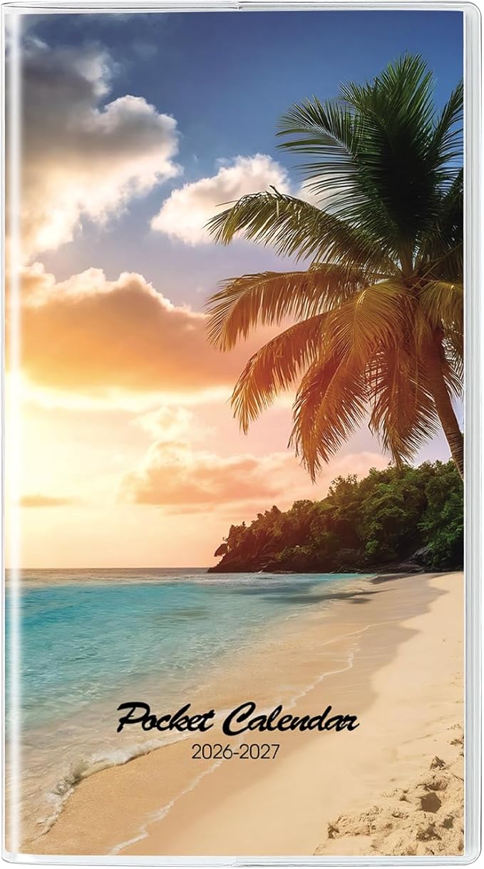 Pocket Calendar 2026-2027, Purse Monthly Planner - 3.7" x 6.7" - Runs from January 2026 Until December 2027, Calendar Planner with Beach PVC Cover for Office