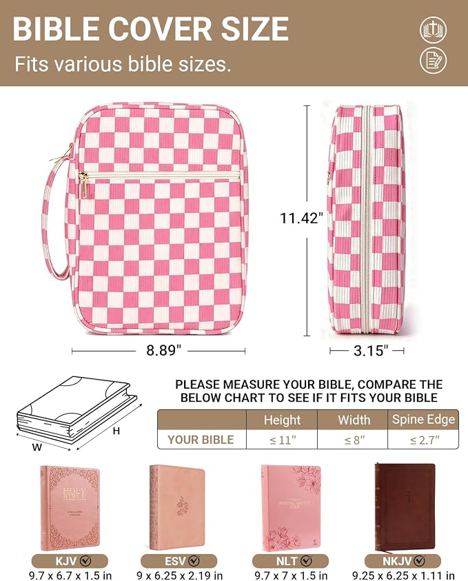 Bible Cover case for Women,Large Bible Bag,Bible Study Supplies,Checkered Corduroy Bible Case for Girls,Christian Gifts for Women,Mother's Day(Pink Large)