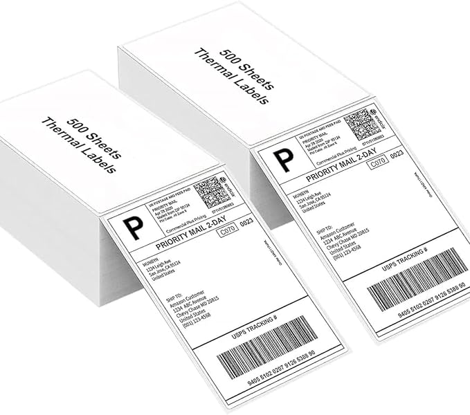 BEEKAY 2 Stack of 500 Label, 4x6 Thermal Direct Shipping White Fanfold Label Stack for Mailing Perforated,Strong Adhesive, Commercial Grade Compatible with Printer Like Rollo, MUNBYN, Zebra, Polono