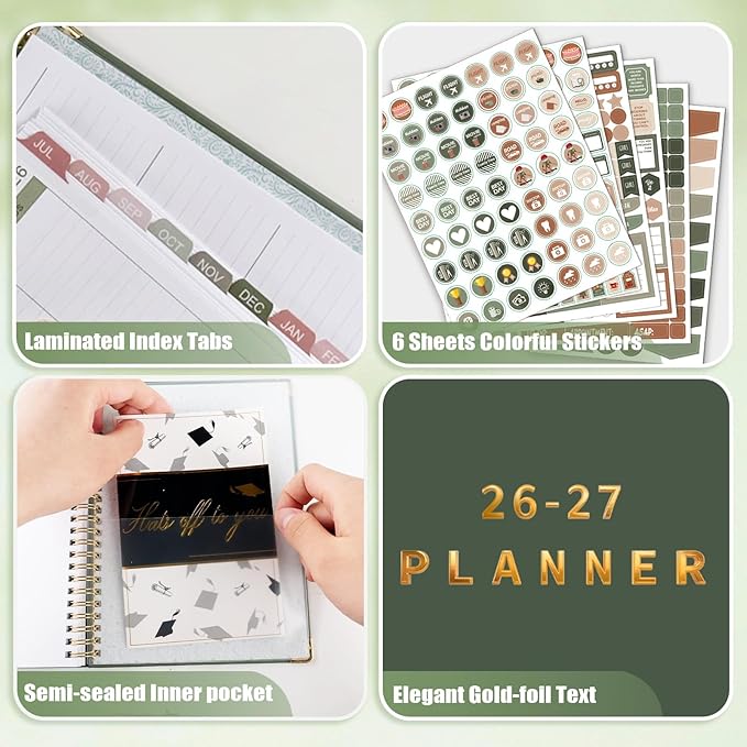 GuassLee 2026-2027 Academic Planner - Hardcover Daily Planner from Jul. 2026-Jun. 2027 - A5 Weekly & Monthly Calendar Agenda Organizer Book with Stickers, Pocket, Coated Tabs - 6.1"x 8.4", Dark Green