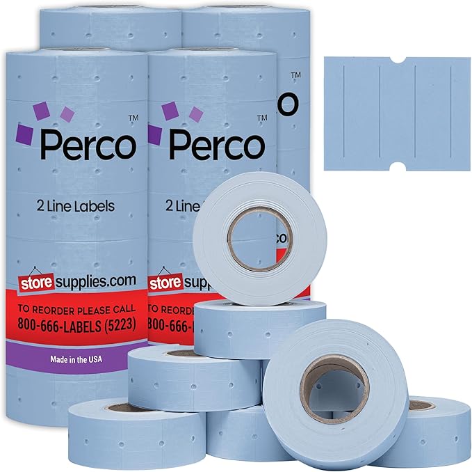 Perco 2 Line Blue Labels - 32 Rolls, 4 Sleeves, 24,000 Blank Price and Date Gun Labels for Perco 2 Line Price and Date Guns - Made in USA