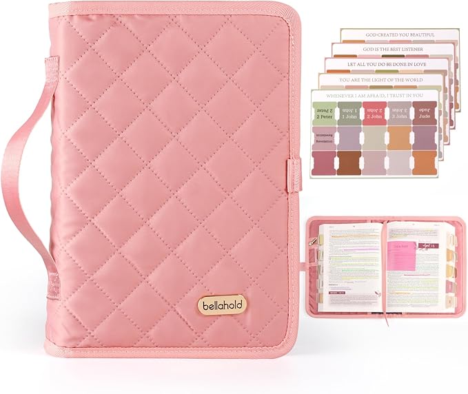 BellaHold Adjustable Bible Cover with 75 Bible Tabs - Bible Cover Case for Women，Waterproof, Washable Quilted Bible Case，Reusable Christian Gifts for Women (Pink, S)