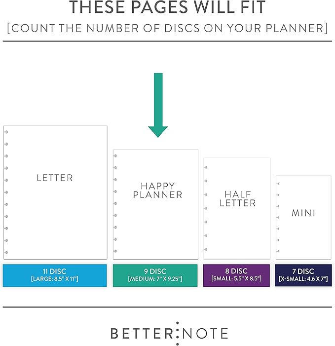 BetterNote Notes Refill Pages for Discbound Notebooks, fits Classic Happy Planner, Levenger Circa, TUL, Staples Arc, InkWell Press, Talia (Classic- 25 Sheets, 9-Disc, 7"x9.25")
