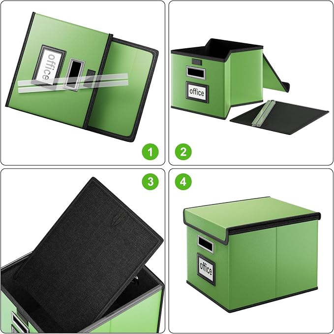 File Organizer Box with Lid, Collapsible Faux Leather Document Organizer, Hanging File Folder Box with Plastic Slide, Decorative Filing Boxes Cabinet for File and Folders Storage(Green)