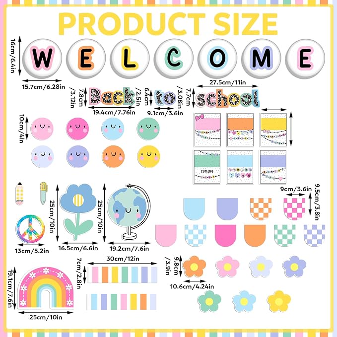 Mooliwe 94 Pcs Composition Notebook Classroom Decor Welcome Back to School Bulletin Board Set Checkered Classroom Decor Smile Face Stationery Paper Cutouts for First Day of School Wall Door(Colorful)