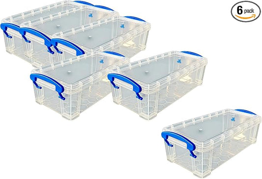 Clear Stackable Storage Containers with Colored Handles, 6 Pack Plastic Organization Boxes for Office Supplies, Art Materials, School Storage (blue) ((22 × 10 × 6.8 cm)*6 blue)