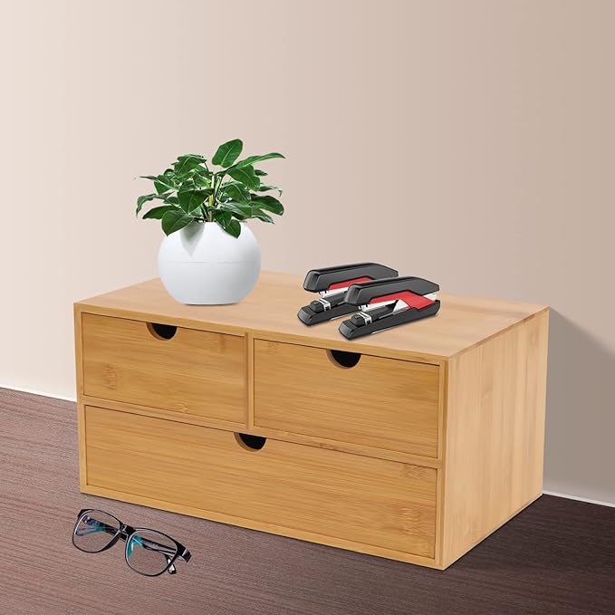Bamboo Desk Organizer With 3 Drawers, 3 Drawers Counter Storage Countertop Drawers Box,Modern Tabletop Organizer No Assembly Required For Office Supplies, Home, Makeup And Toiletries