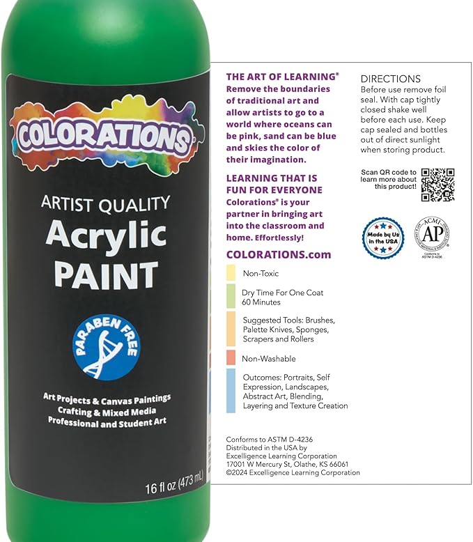 Colorations Artist Quality Acrylic Black Paint - 16 oz (473ml) - Made in United States, Paraben-Free, Non-Toxic, Acrylic Paint for Adults and Kids
