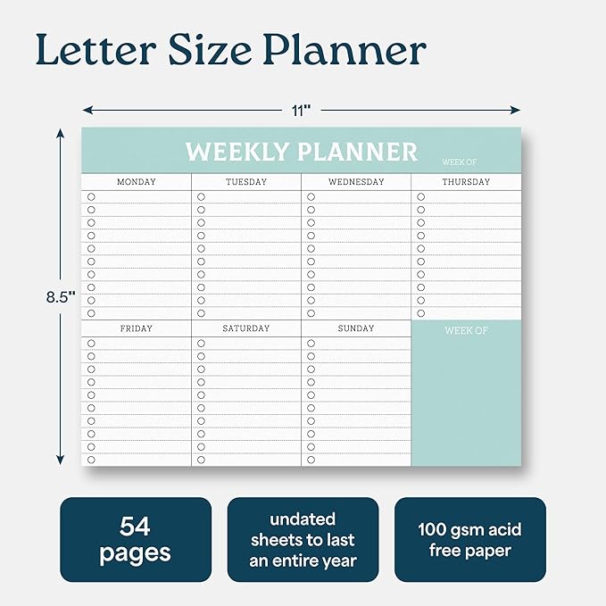 Large Weekly Planning Pad and Matching Notepad, 52 Letter Size Tear-Off Sheets, 8.5” x 11” Undated Weekly Desk Planner Pad, Daily Schedule, Daily To Do List, Notes, Goals For Work and Home