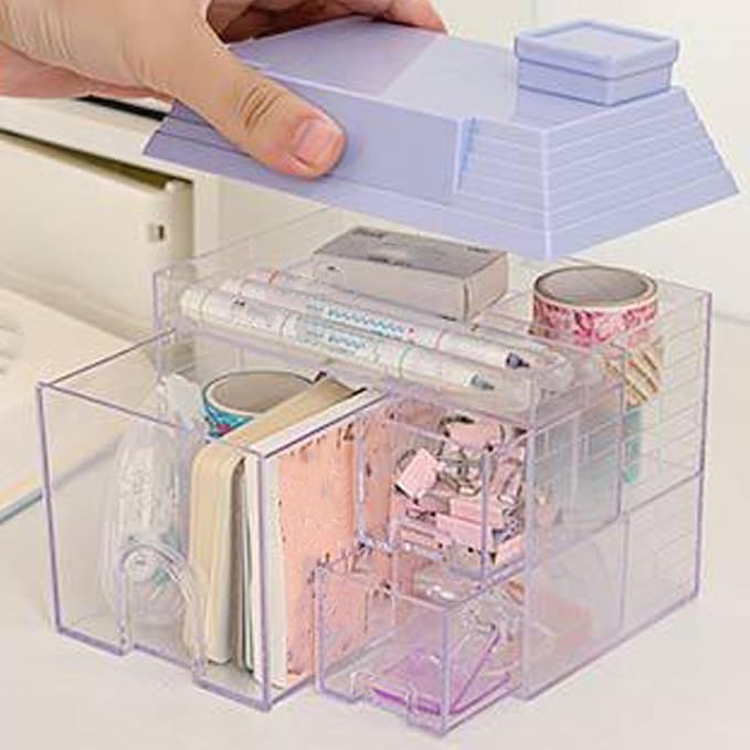 Desk Organizer with Drawers, 3 Drawers Storage Organizer, Creative House Shaped Desktop Storage Drawers Stationary Organizer for Home Dormitory Office (Purple)