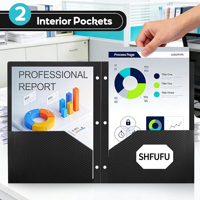 Textured 2 Pocket Folder, (48 Pack, Black) Plastic Folders with Pockets 3 Hole Punched, Fits Letter Size 3-Ring Binder, Heavy Duty Textured Folder for School,Office