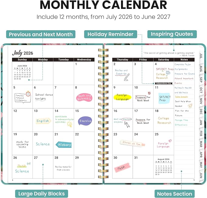 Planner 2026–2027, Academic Planner Weekly and Monthly Calendar Jul 2026 – Jun 2027 Hardcover Planner with Tabs and Pocket, Spiral Bound Agenda Book for Student & Teacher, 6.3" x 8.5", Teal Peonies