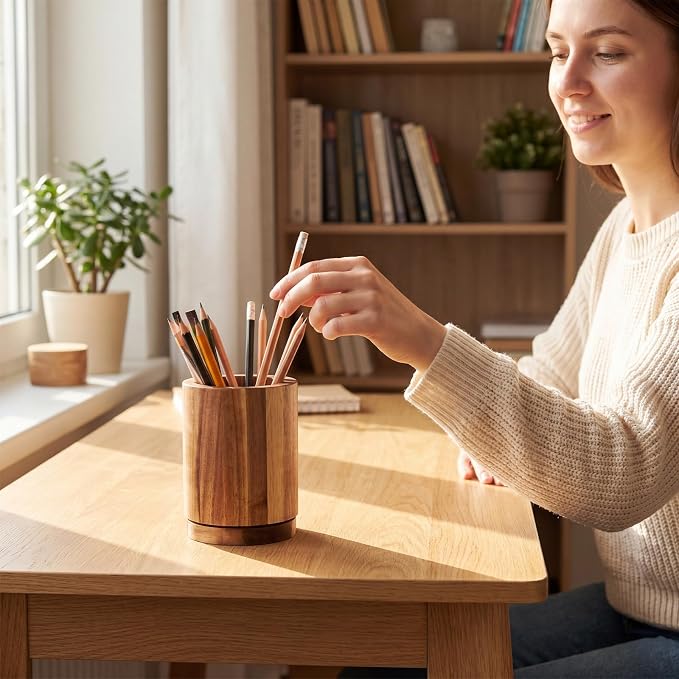 360° Rotating Pen & Pencil Holders Accessories Acacia Wood Desktop Pencil Holder Containers Farmhouse Stationery Organizer Stand for Office Table Desk Accessory