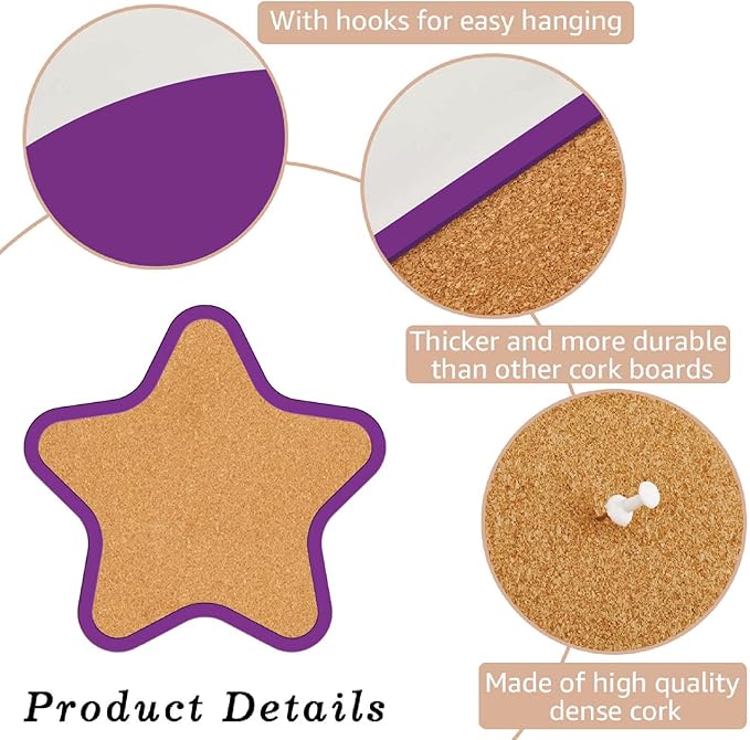 CRASPIRE Star Pin Cork Board Framed Bulletin Display Badge 10.23x9.8In Wooden Purple Decorative Corkboard Wall Mounted Memory Memo Brooch Lapel Holder Storage for Home Office School Classroom Wedding