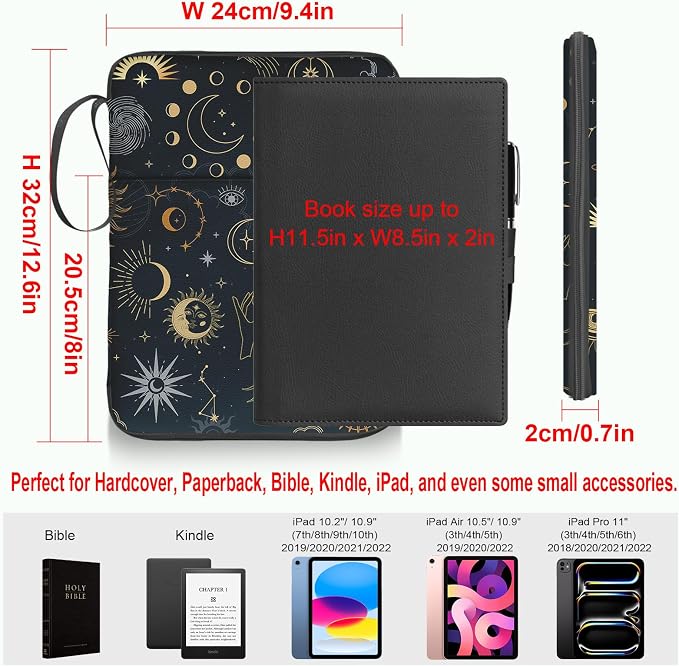 Sun and Moon Book Sleeve Cover, Mysterious Tarot Eye Protector Case With Zipper, PU Leather Waterproof Cover Bag, Portable Pouch for Paperback Hardcover Lovers Gifts