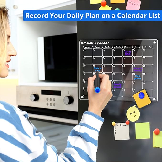 AITEE Acrylic Magnetic Dry Erase Board Calendar for Fridge, 16"x12" Inches Clear Monthly Planner for Refrigerator Includes 6 Dry Erase Markers with 3 Colors